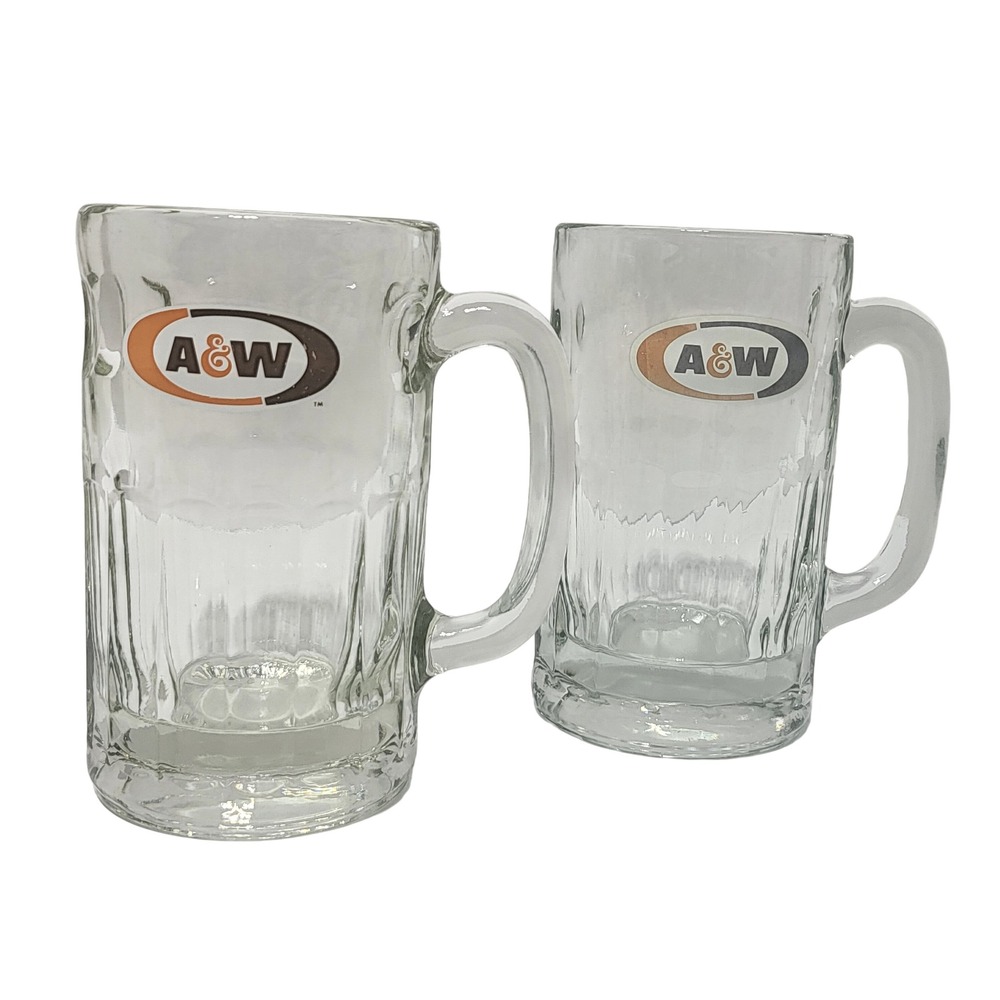 Set of 2 A&W Root Beer Glass Mugs Dimpled Thumbprint Heavy Soda Steins 6 Inch